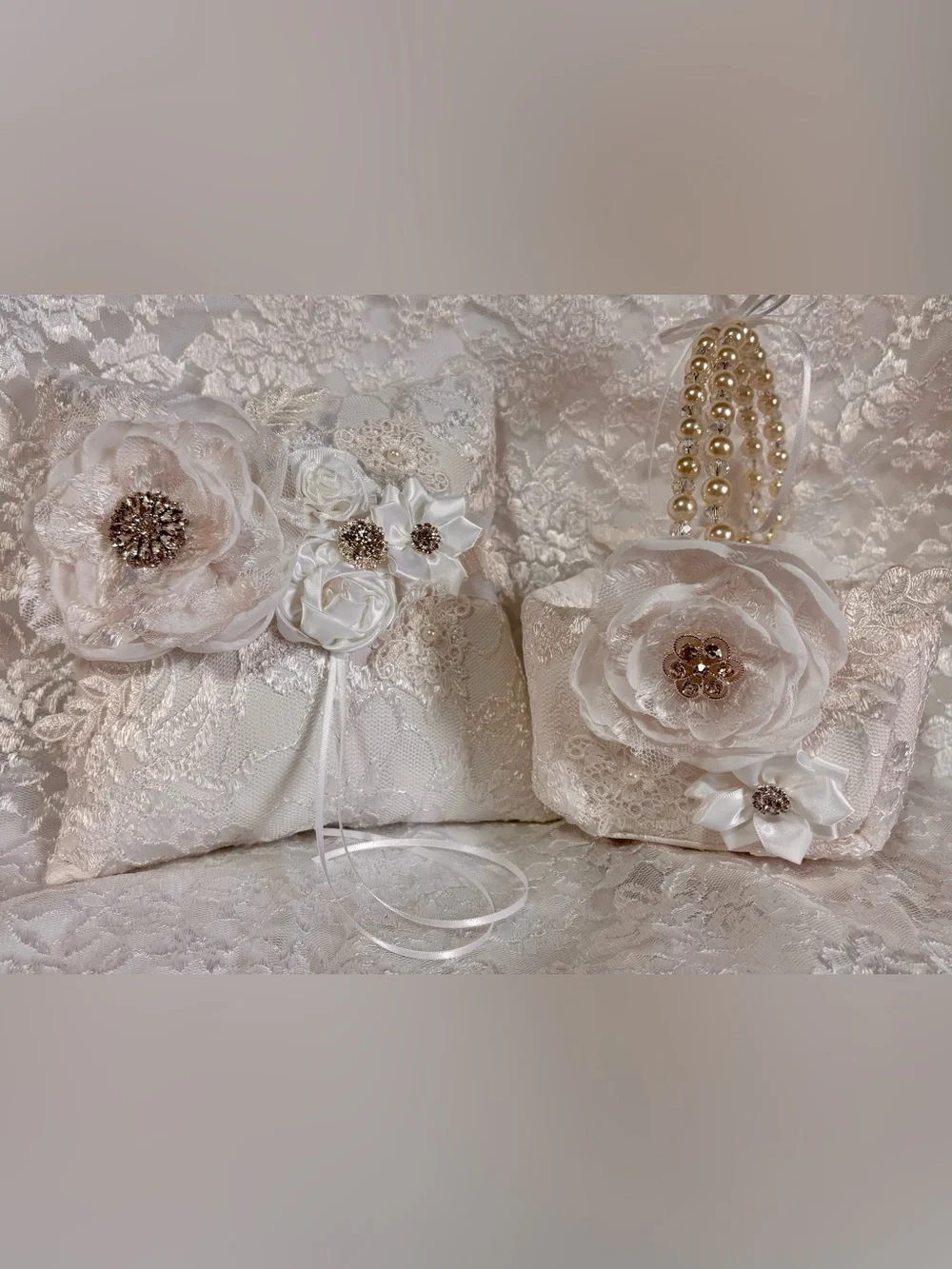 🤍 Handmade Solid White Lace Ring Pillow and Flower Basket Set